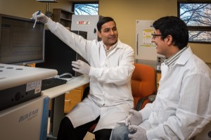 Deb Jaisi, CANR and his associate Sunendra Joshi work with: 1. Silver phosphate, ultimate analyte for the phosphate oxygen isotope ratios measurement. Phosphorus from sediment is extracted, processed, and precipitated as silver phosphate.